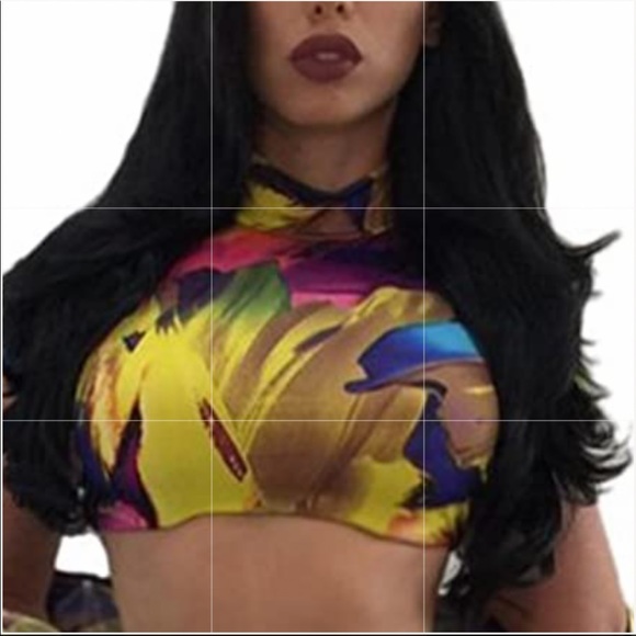 NEW VIOTTISET Multi Printed Short Sleeves Crop Swimsuit Tee Shirt Bikini Top M - Picture 6 of 9